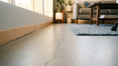 A fine hairline crack running across the sealed pale concrete floor of a finished modern basement, warm daylight from one side.