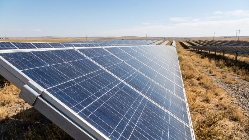 Rows of photovoltaic solar panels receding toward the horizon at a utility-scale solar plant.