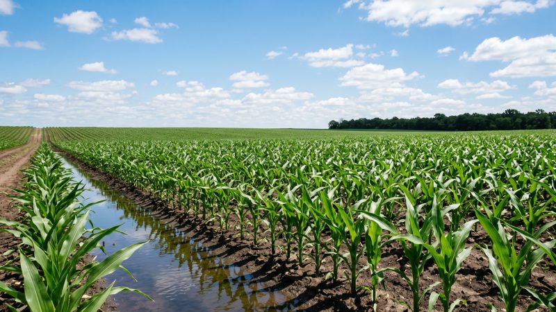An American corn field in early summer, rows running to the horizon with a shallow drainage ditch of standing water along the near edge.
