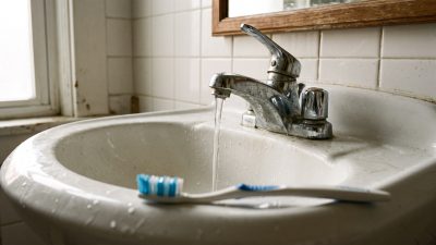A stream of tap water running into a worn white porcelain bathroom sink, with toothbrushes resting on the rim.