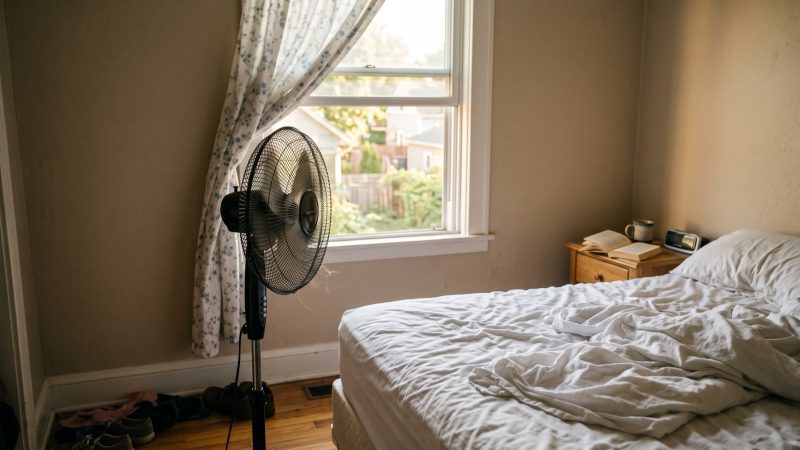 An oscillating floor fan turned toward a rumpled bed in a small bedroom at sunrise.