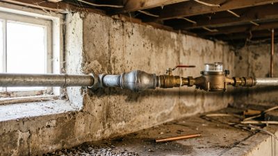 A water service line and meter entering the concrete wall of an unfinished basement.