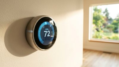 A modern round wall thermostat in cooling mode on a pale wall in a contemporary home, its display glowing cool blue against warm afternoon light, with a sunlit window bright behind it.