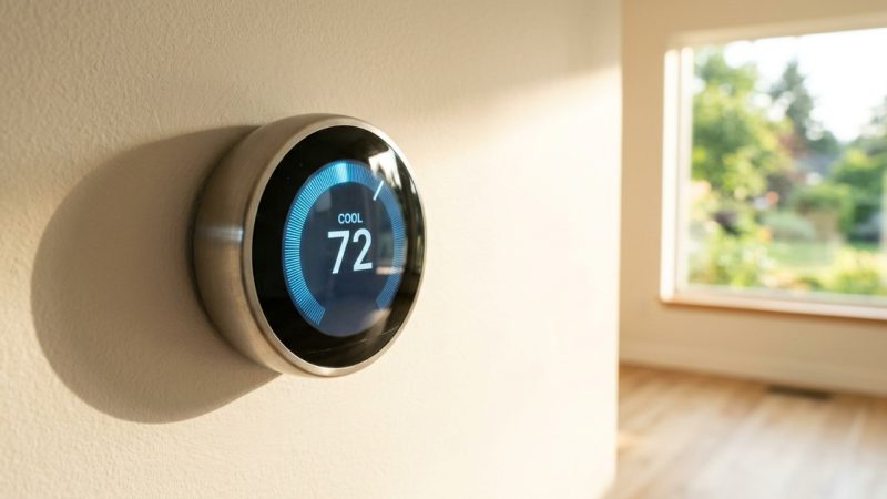 A modern round wall thermostat in cooling mode on a pale wall in a contemporary home, its display glowing cool blue against warm afternoon light, with a sunlit window bright behind it.