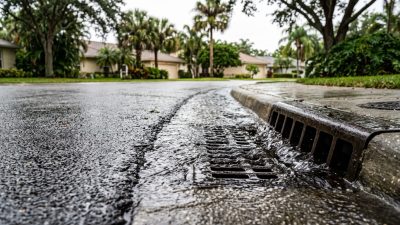 Rainwater running off a wet asphalt road into a curbside storm drain in a Florida neighborhood, with palms and low houses behind.