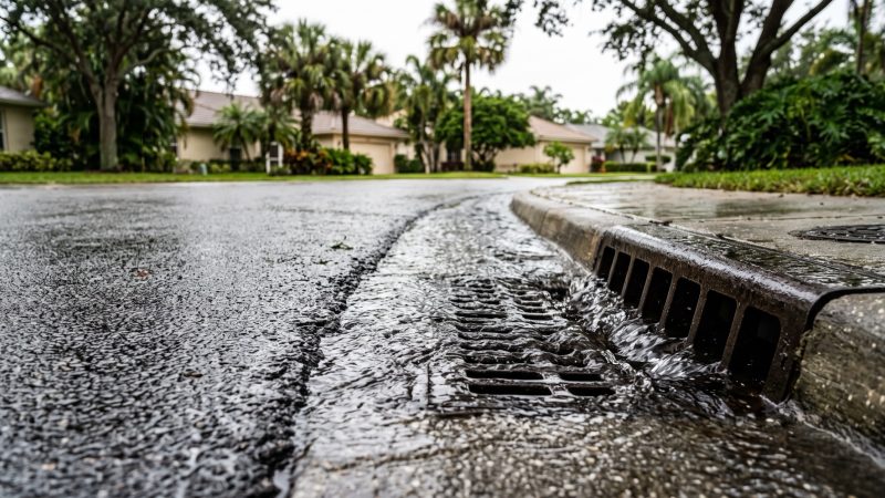 Rainwater running off a wet asphalt road into a curbside storm drain in a Florida neighborhood, with palms and low houses behind.