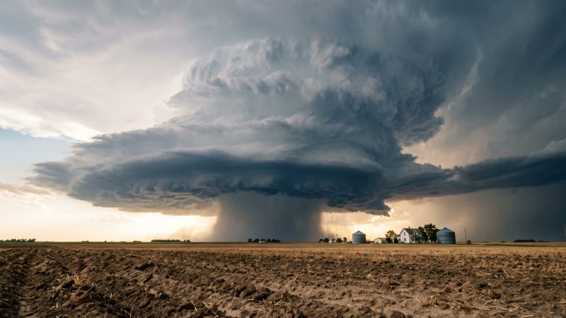A supercell thunderstorm with a rotating wall cloud over a plowed field and a distant farmstead.