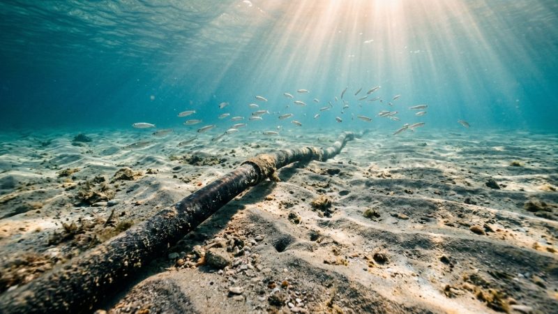 A thick armored subsea power cable running across a sandy seabed with small fish above it