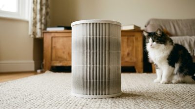 A used cylindrical pleated HEPA cartridge standing on a living room rug, evenly grayed with collected dust and darkest toward the base, with a long-haired black and white cat sitting nearby.