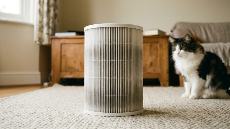 A used cylindrical pleated HEPA cartridge standing on a living room rug, evenly grayed with collected dust and darkest toward the base, with a long-haired black and white cat sitting nearby.