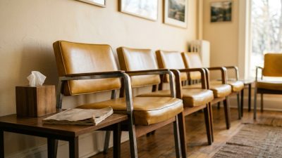 An empty row of vinyl waiting room chairs in a small clinic, low winter light through a window behind them and a box of tissues on the side table.