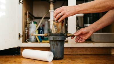 Hands lifting a discoloured spent water filter cartridge out of its housing under a kitchen sink, a clean white replacement waiting beside it in the open cabinet.