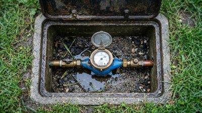 Looking down into an open water meter pit in a lawn, its cast-iron lid tipped aside, a grimed brass and blue municipal meter sitting in the wet concrete box below.