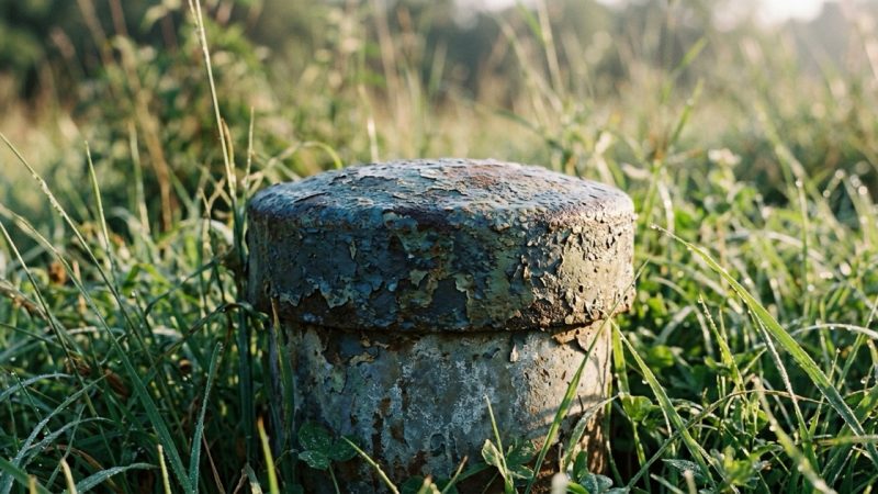 A weathered steel well casing cap in long grass, its blue-green paint flaking to bare metal, beaded with dew in early morning side light.
