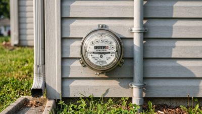 A round glass residential electric meter mounted on the vinyl siding of a house.