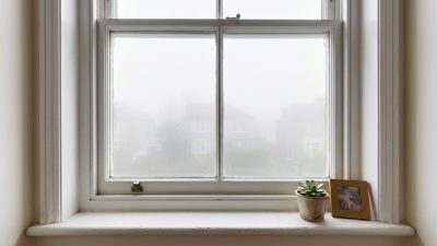 A closed sash window seen from inside a room, its white painted frame and sill filling the view, with the houses beyond the glass reduced to pale gray haze, a small potted succulent and a framed photograph on the sill.