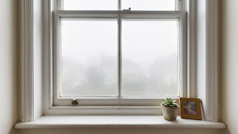 A closed sash window seen from inside a room, its white painted frame and sill filling the view, with the houses beyond the glass reduced to pale gray haze, a small potted succulent and a framed photograph on the sill.