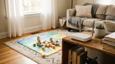 A wireless router on a low bookshelf in a sunlit family living room with a child's play mat behind it