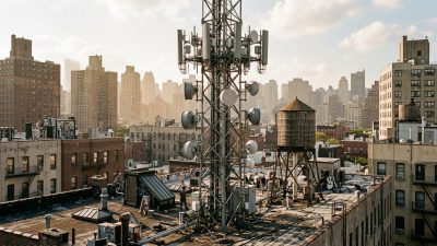 A dense cluster of antenna arrays on a New York rooftop with the city skyline behind