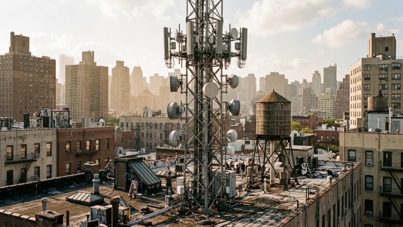 A dense cluster of antenna arrays on a New York rooftop with the city skyline behind