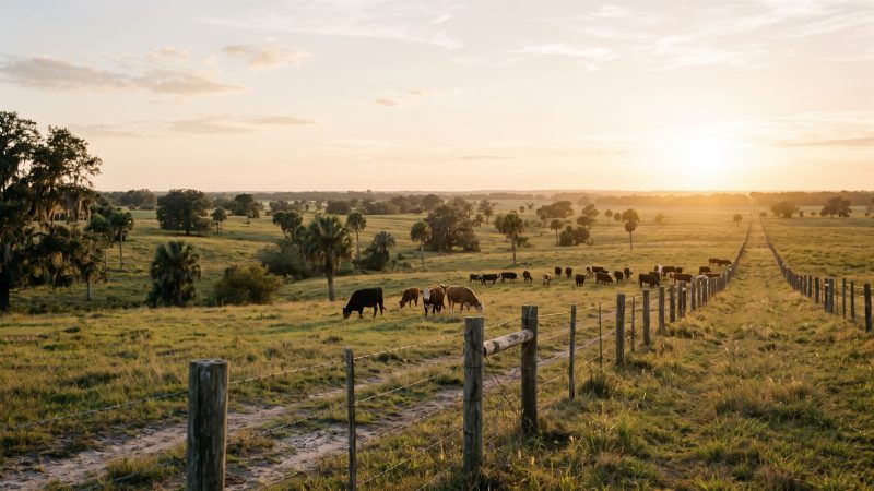 Open cattle pasture with palms and oaks at golden hour in the Florida Heartland