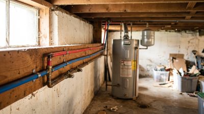 Residential water supply lines running along a basement joist toward a water heater