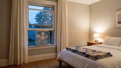A box fan set in the raised lower sash of a bedroom window at dusk, a made bed and a lit lamp across the room