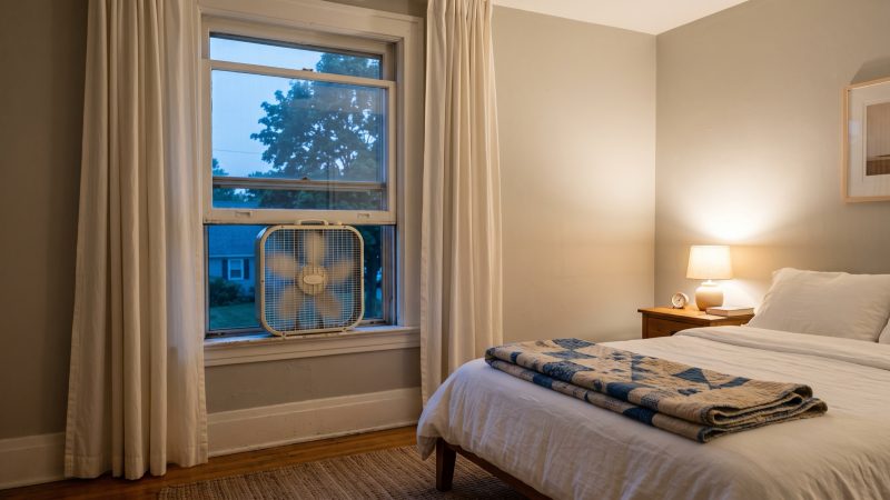 A box fan set in the raised lower sash of a bedroom window at dusk, a made bed and a lit lamp across the room